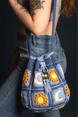 Sun and Moon Drawstring Crossbody Bag (Crochet)